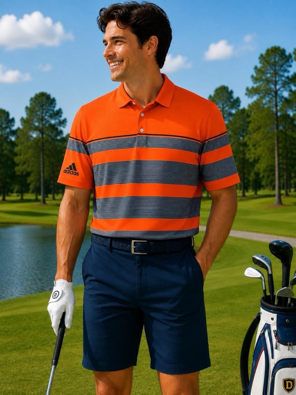 Adidas Golf Performance Polo Shirt Men’s Large Orange & Black Striped Climalite